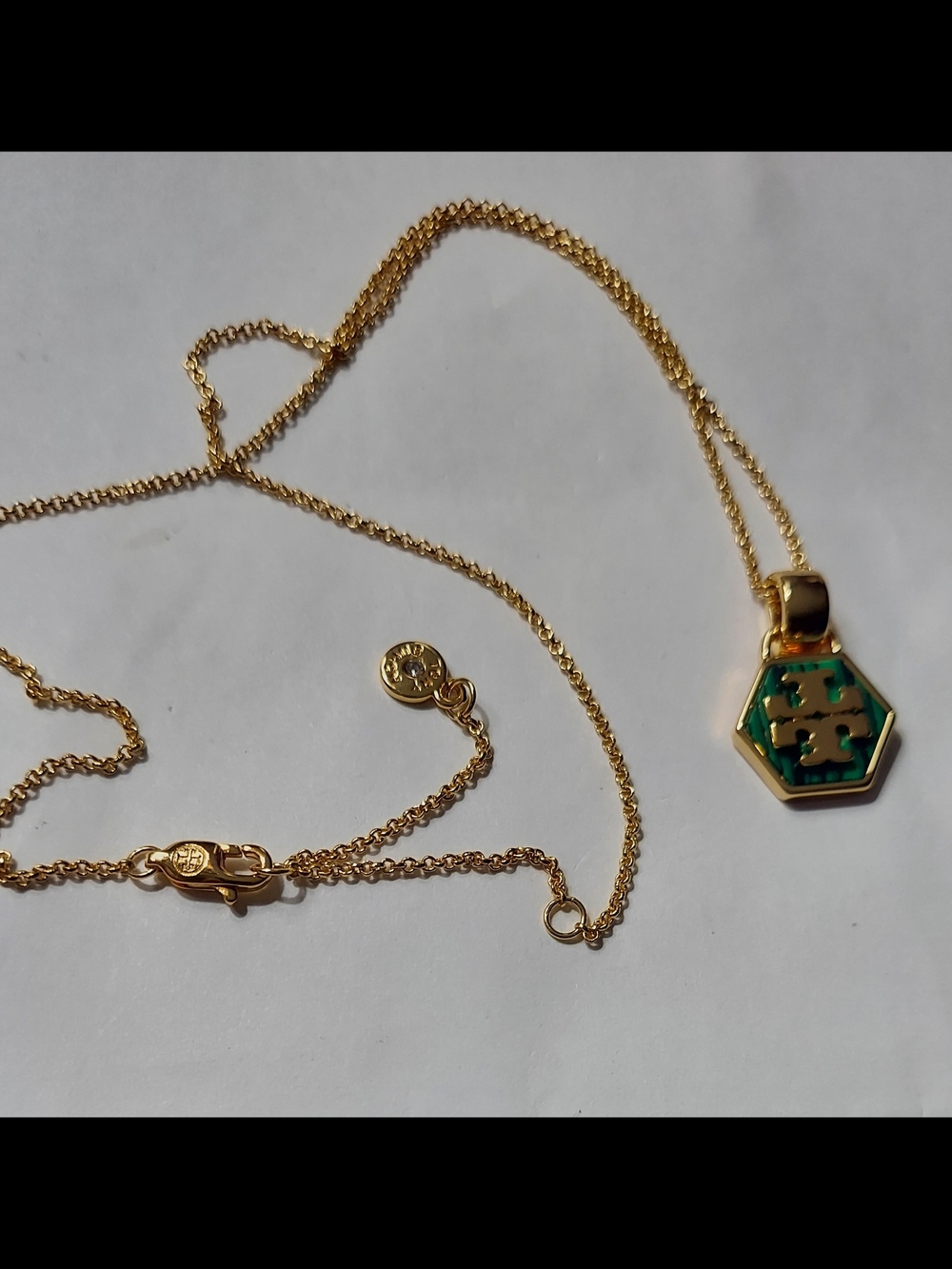 Gold-Tone Hexagon Green Enamel Pendant Necklace...Tory Burch